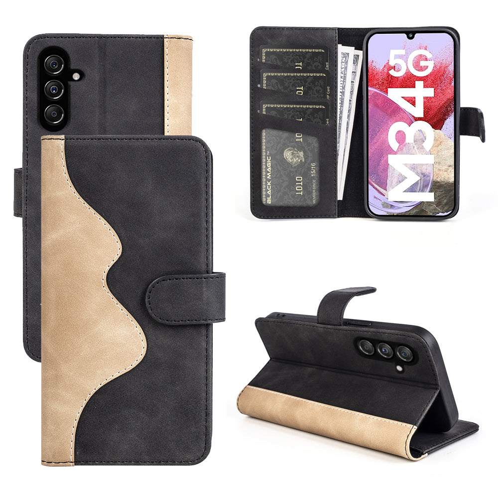 Dual-color Splicing Phone Case for Samsung Galaxy F34 5G / M34 5G Leather Wallet Stand Anti-scratch Cover - Black