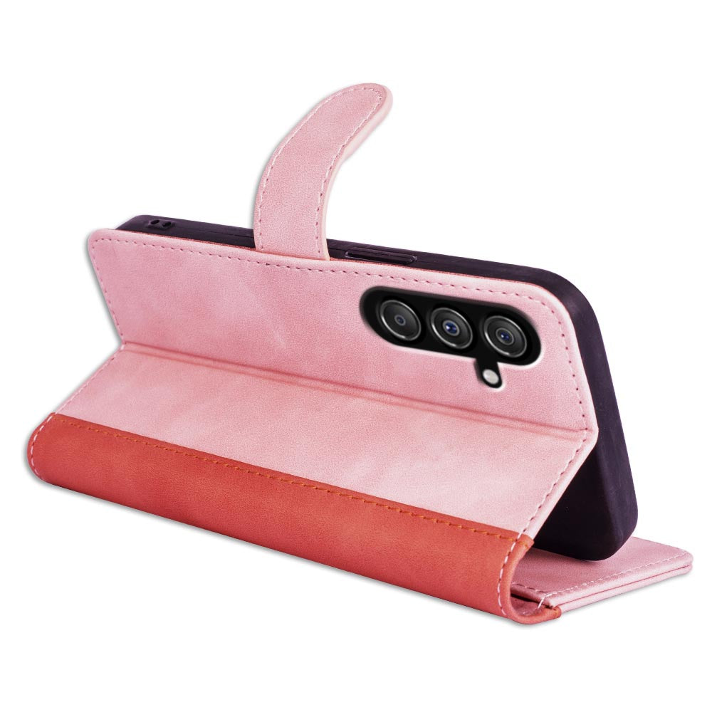 Dual-color Splicing Phone Case for Samsung Galaxy F34 5G / M34 5G Leather Wallet Stand Anti-scratch Cover - Pink