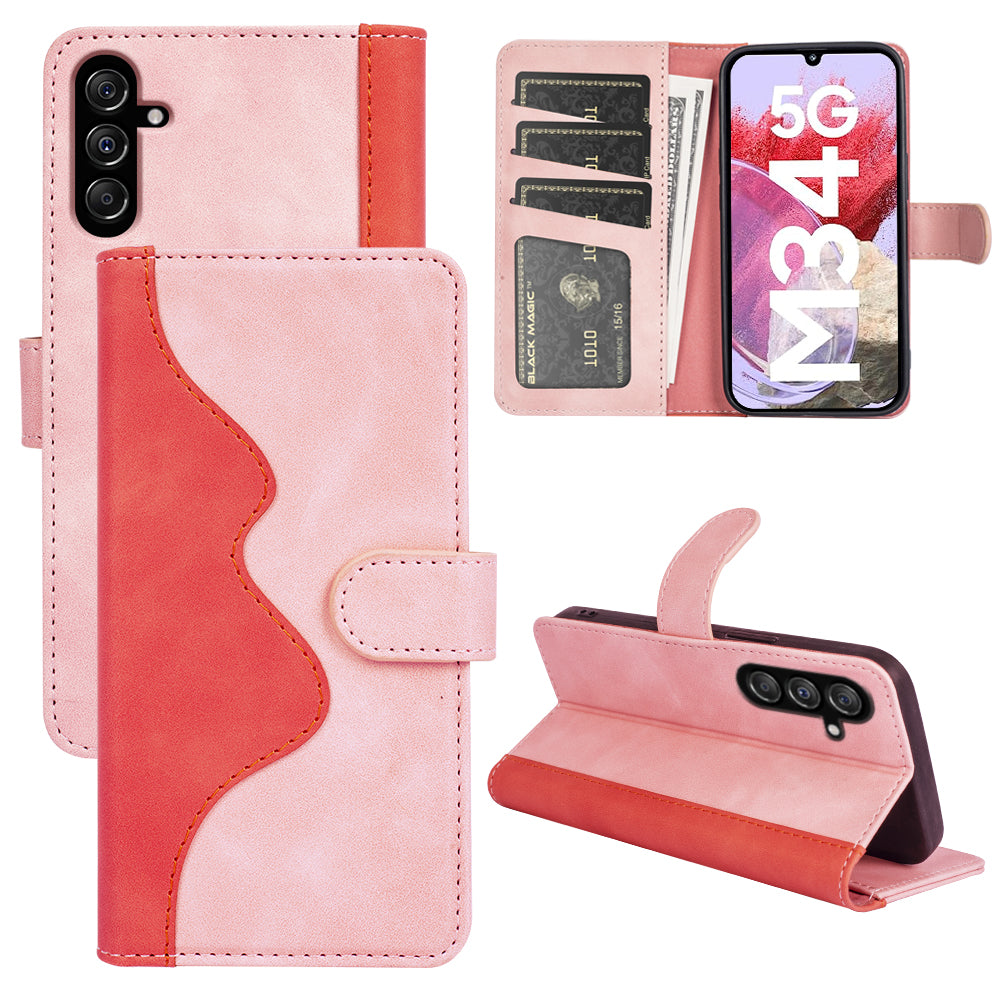 Dual-color Splicing Phone Case for Samsung Galaxy F34 5G / M34 5G Leather Wallet Stand Anti-scratch Cover - Pink