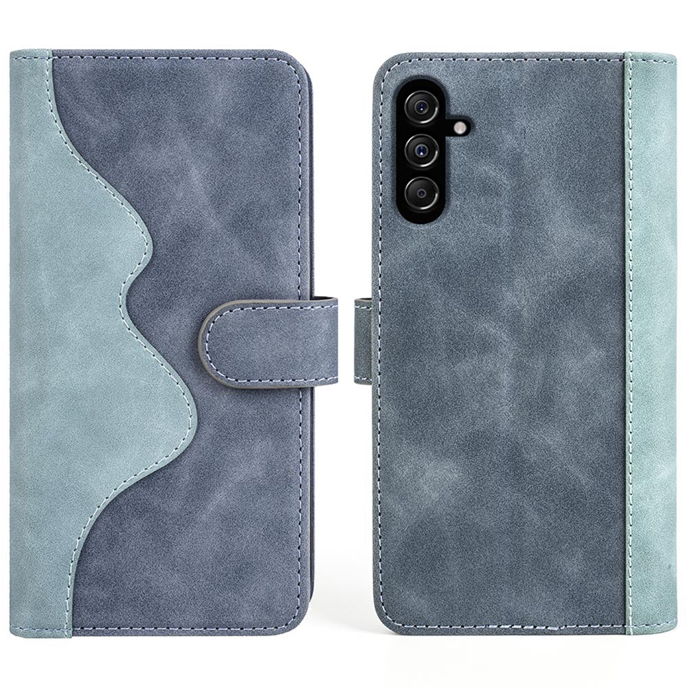 Dual-color Splicing Phone Case for Samsung Galaxy F34 5G / M34 5G Leather Wallet Stand Anti-scratch Cover - Blue