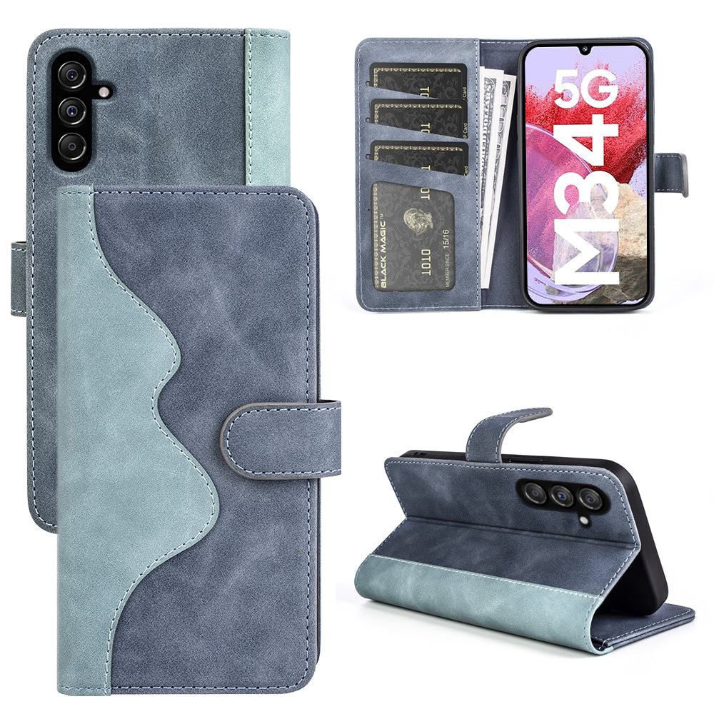 Dual-color Splicing Phone Case for Samsung Galaxy F34 5G / M34 5G Leather Wallet Stand Anti-scratch Cover - Blue