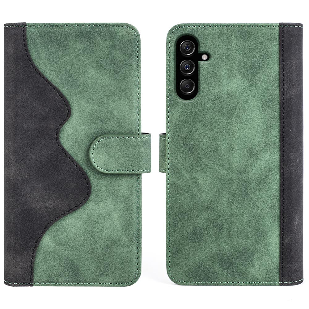 Dual-color Splicing Phone Case for Samsung Galaxy F34 5G / M34 5G Leather Wallet Stand Anti-scratch Cover - Green