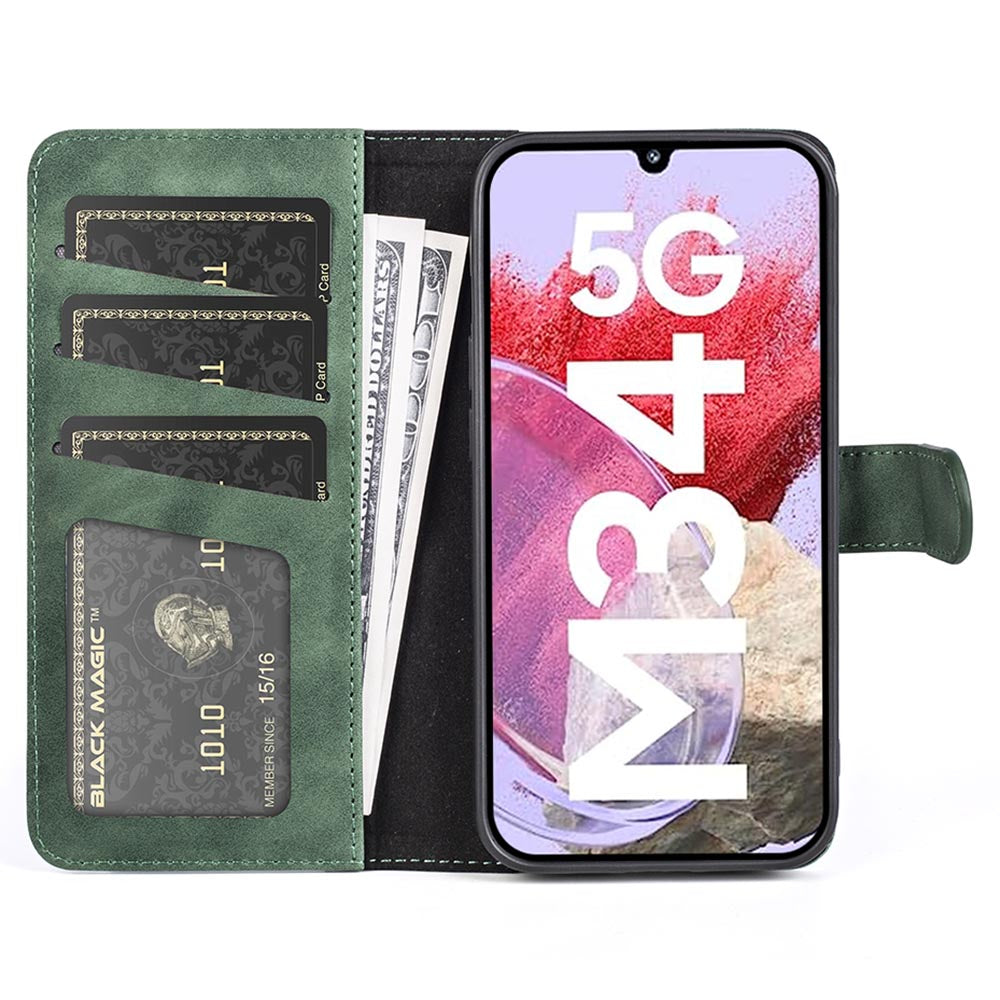 Dual-color Splicing Phone Case for Samsung Galaxy F34 5G / M34 5G Leather Wallet Stand Anti-scratch Cover - Green