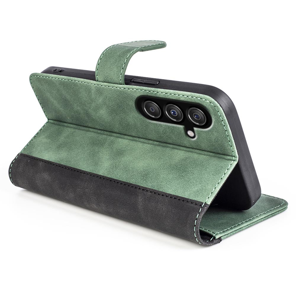 Dual-color Splicing Phone Case for Samsung Galaxy F34 5G / M34 5G Leather Wallet Stand Anti-scratch Cover - Green