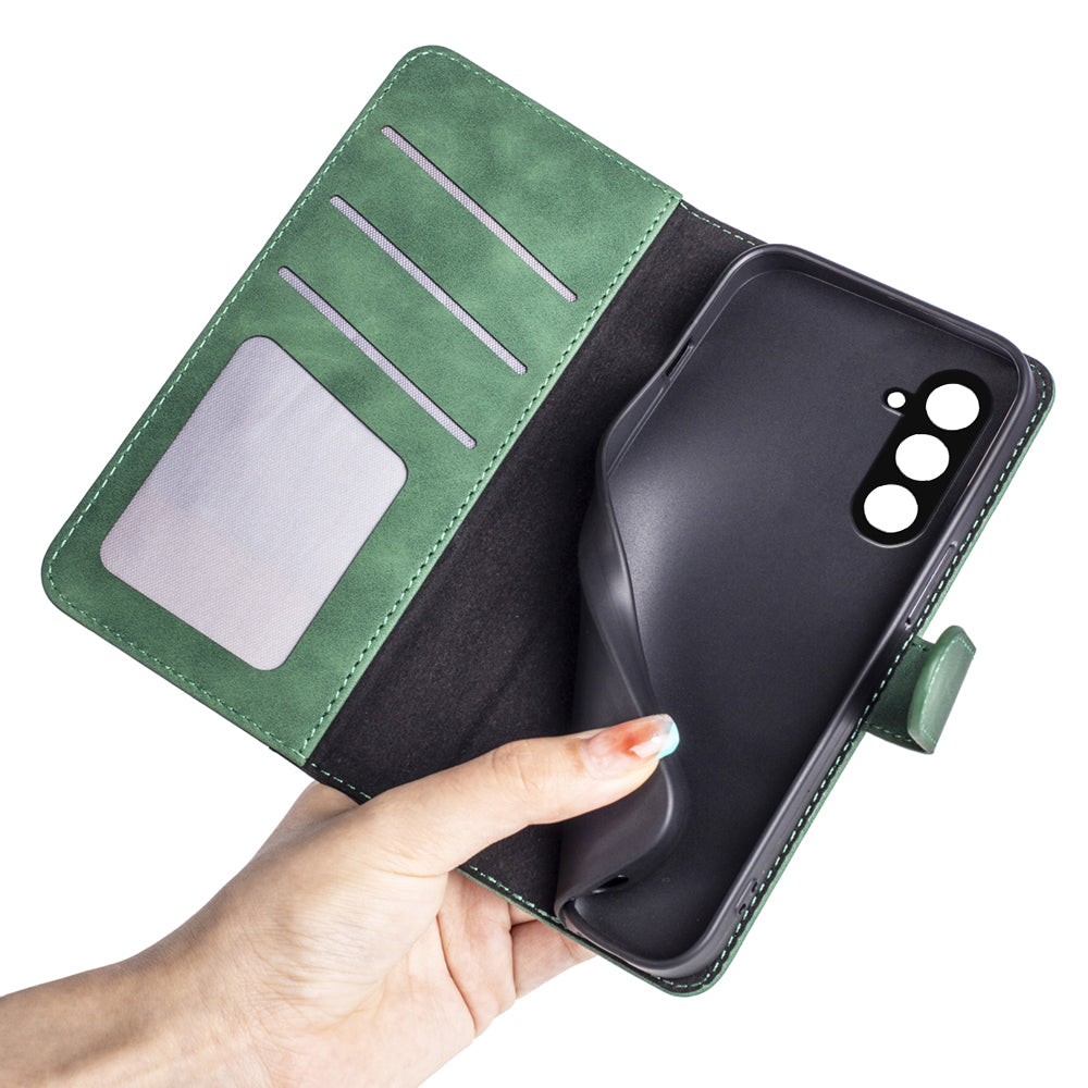 Dual-color Splicing Phone Case for Samsung Galaxy F34 5G / M34 5G Leather Wallet Stand Anti-scratch Cover - Green