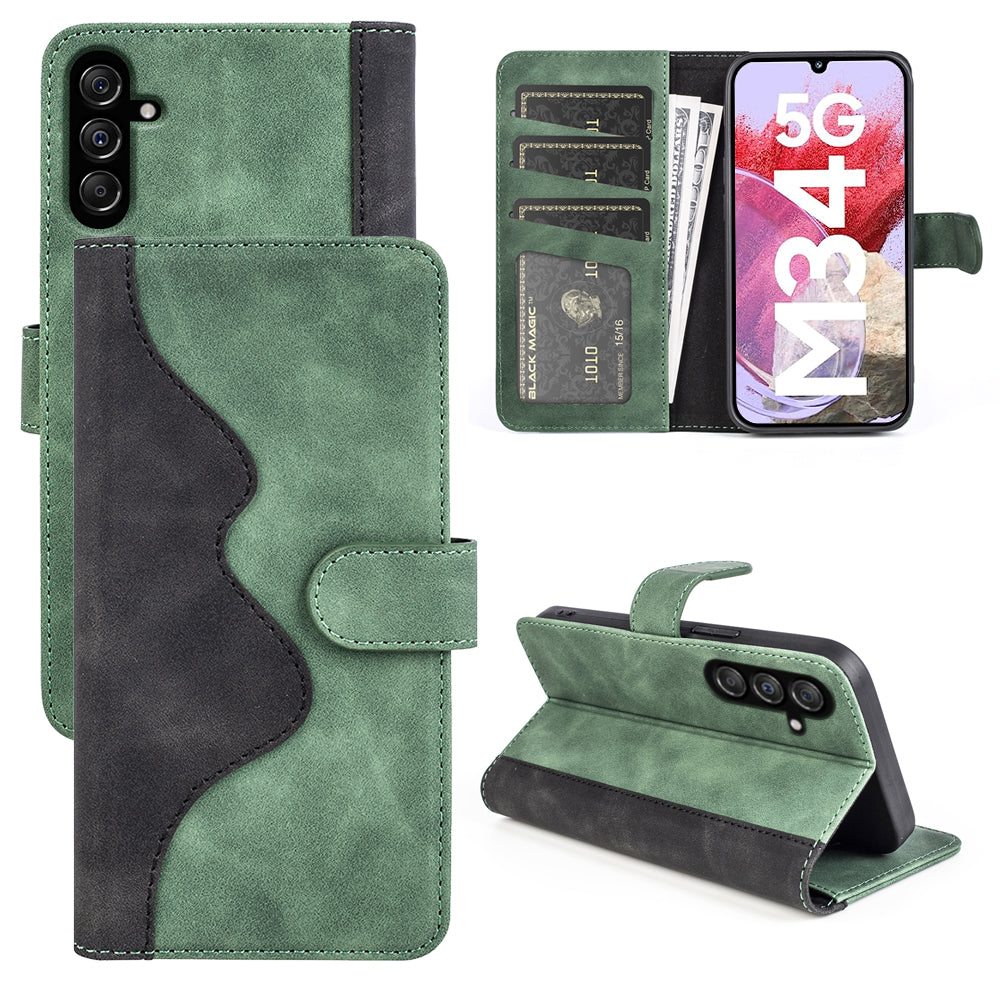 Dual-color Splicing Phone Case for Samsung Galaxy F34 5G / M34 5G Leather Wallet Stand Anti-scratch Cover - Green