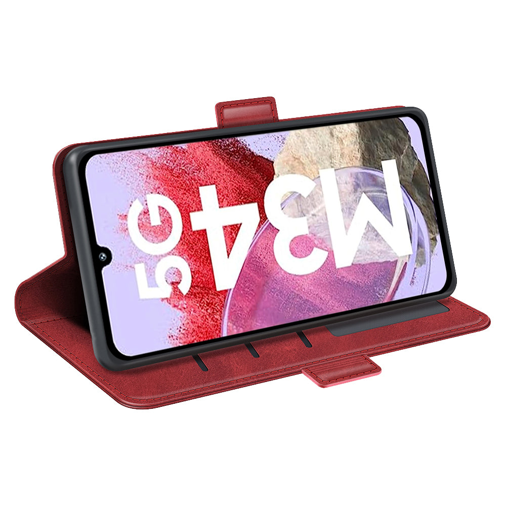 For Samsung Galaxy F34 5G / M34 5G Calf Texture Phone Case Supporting Stand Wallet Leather Phone Cover - Red