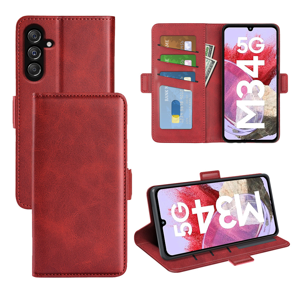 For Samsung Galaxy F34 5G / M34 5G Calf Texture Phone Case Supporting Stand Wallet Leather Phone Cover - Red