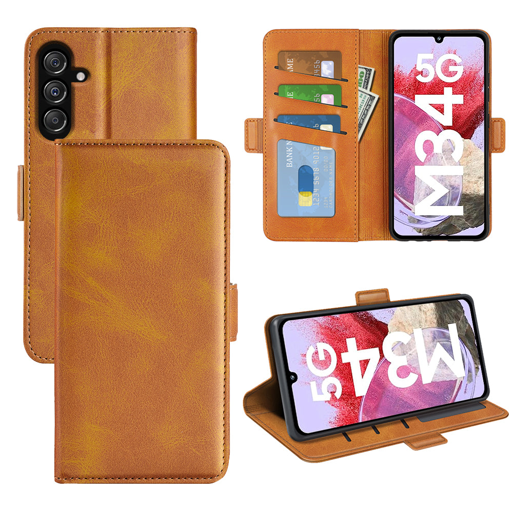 For Samsung Galaxy F34 5G / M34 5G Calf Texture Phone Case Supporting Stand Wallet Leather Phone Cover - Yellow