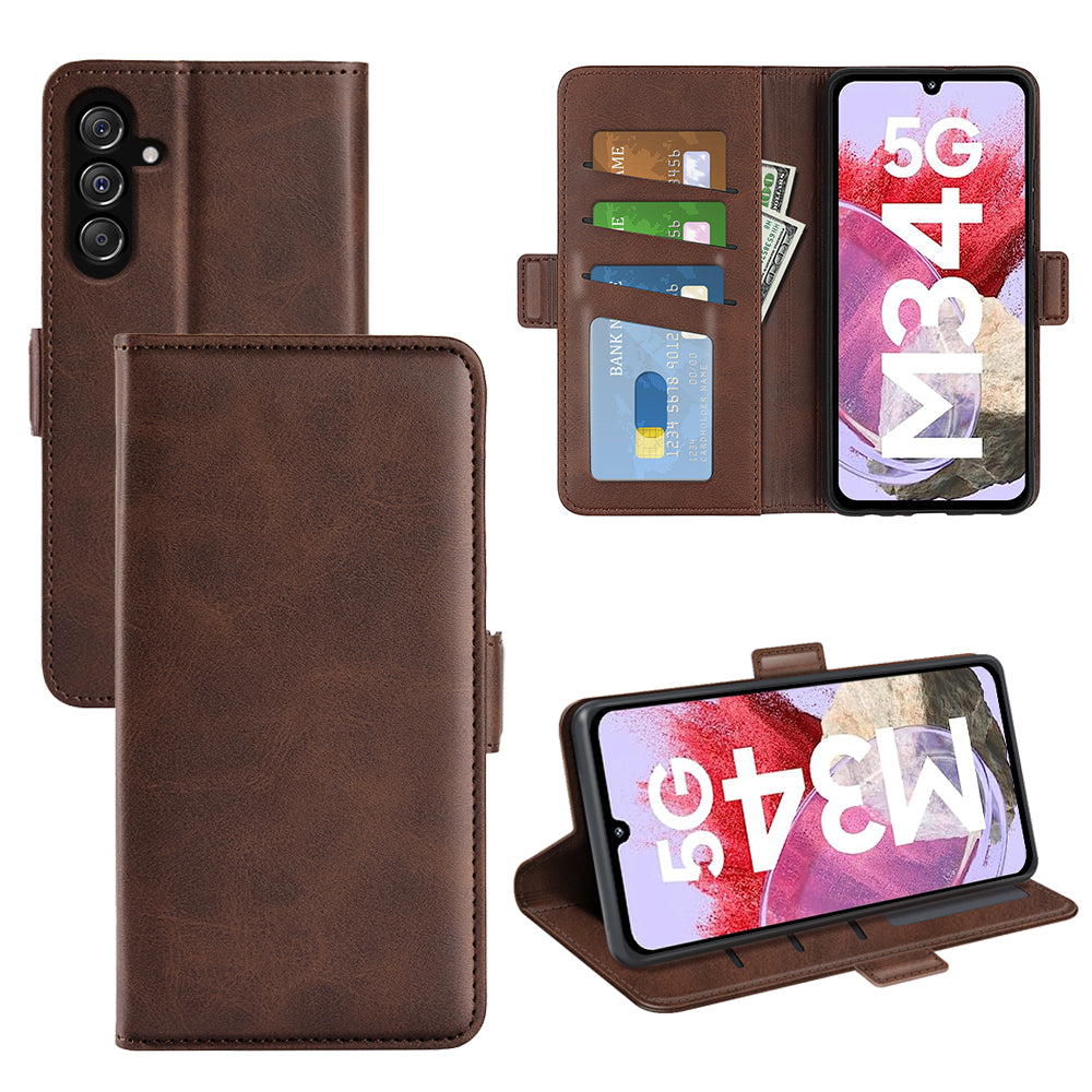 For Samsung Galaxy F34 5G / M34 5G Calf Texture Phone Case Supporting Stand Wallet Leather Phone Cover - Brown