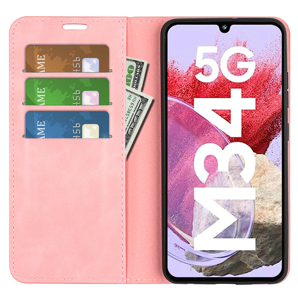 For Samsung Galaxy F34 5G / M34 5G Anti-Scratch Skin-touch Wallet PU Leather Phone Case Stand Mobile Phone Cover - Pink