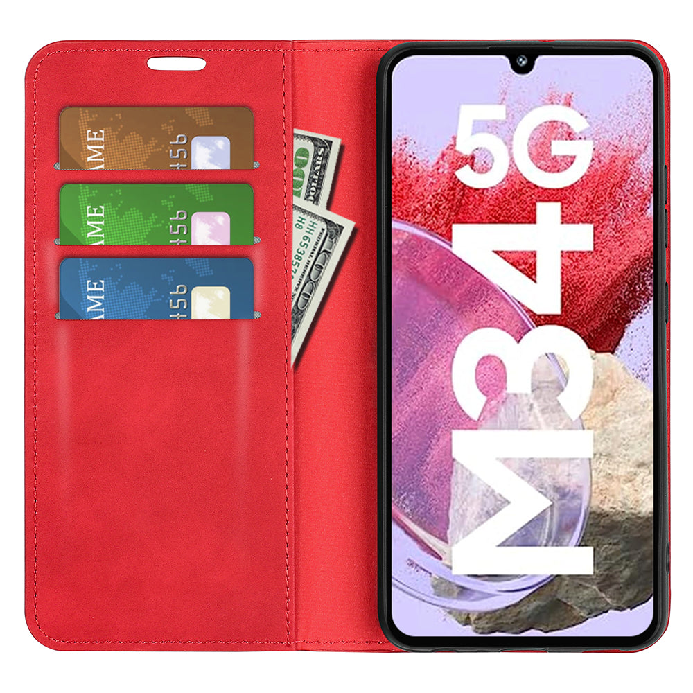 For Samsung Galaxy F34 5G / M34 5G Anti-Scratch Skin-touch Wallet PU Leather Phone Case Stand Mobile Phone Cover - Red