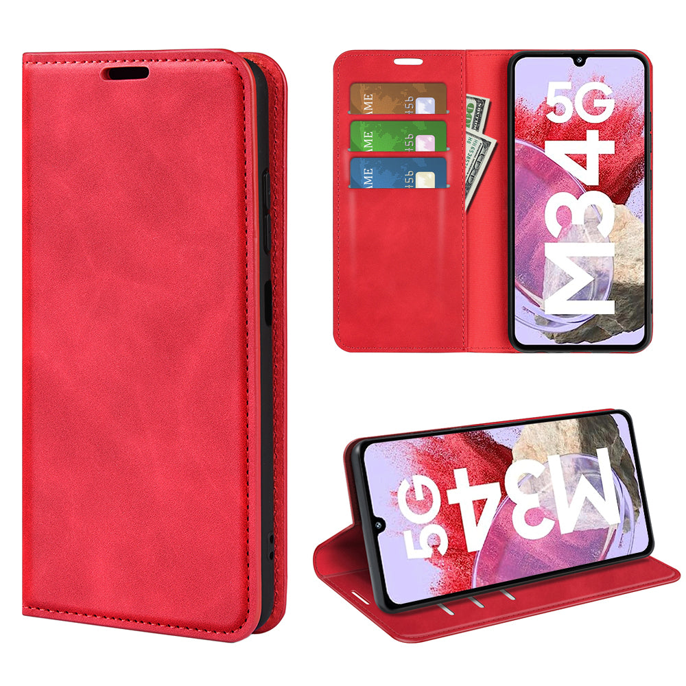 For Samsung Galaxy F34 5G / M34 5G Anti-Scratch Skin-touch Wallet PU Leather Phone Case Stand Mobile Phone Cover - Red