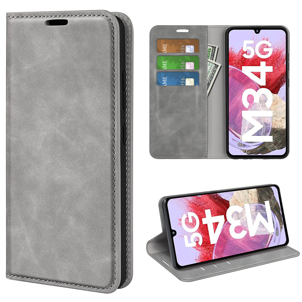 For Samsung Galaxy F34 5G / M34 5G Anti-Scratch Skin-touch Wallet PU Leather Phone Case Stand Mobile Phone Cover - Grey