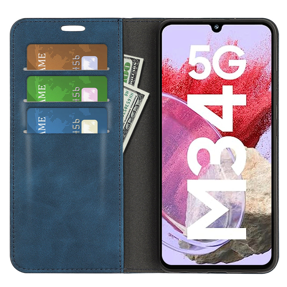 For Samsung Galaxy F34 5G / M34 5G Anti-Scratch Skin-touch Wallet PU Leather Phone Case Stand Mobile Phone Cover - Blue