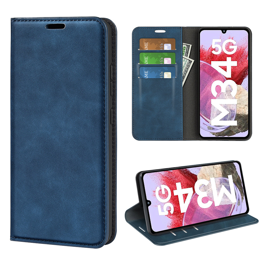 For Samsung Galaxy F34 5G / M34 5G Anti-Scratch Skin-touch Wallet PU Leather Phone Case Stand Mobile Phone Cover - Blue