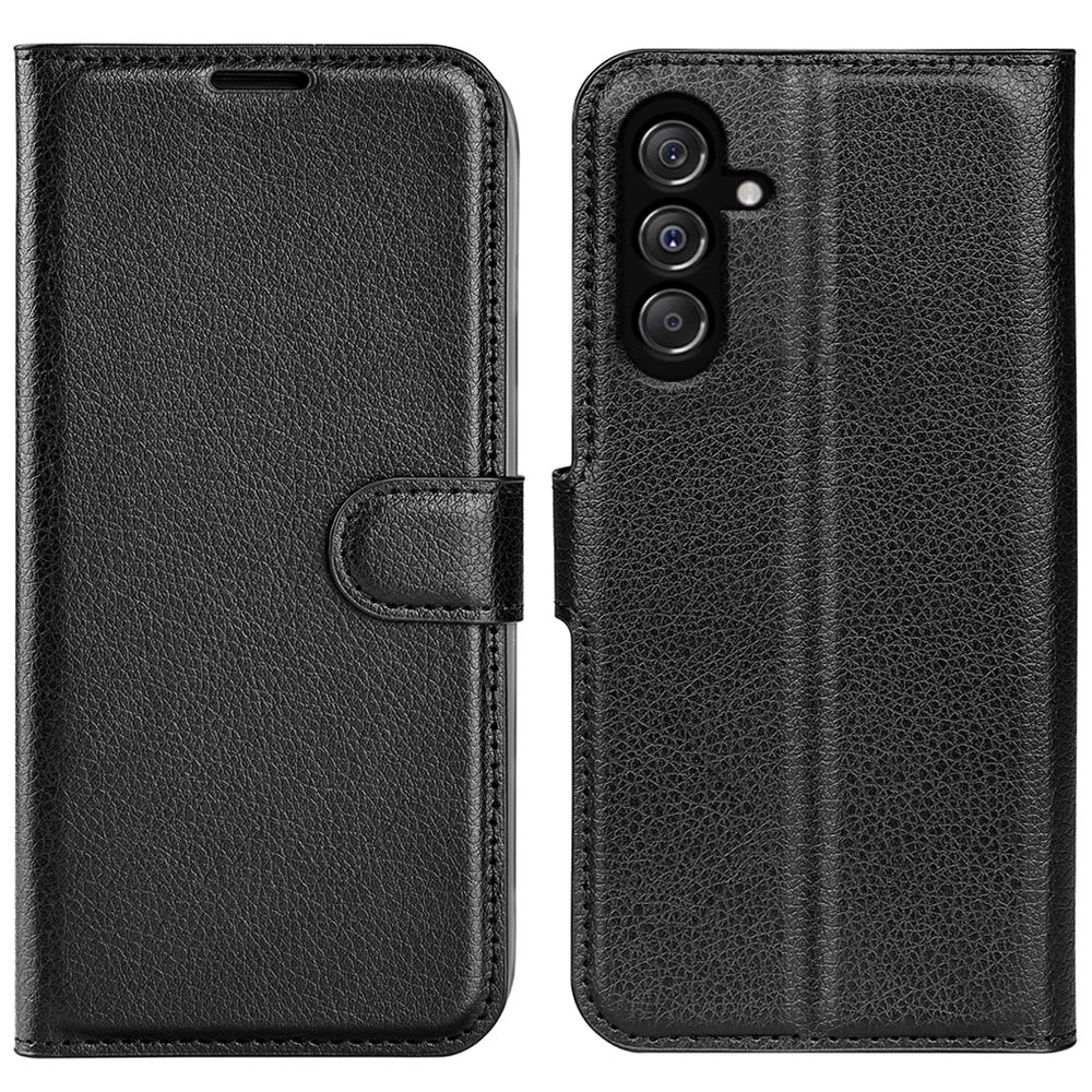 For Samsung Galaxy F34 5G / M34 5G Phone Case Anti-Scratch Stand PU Leather Wallet Litchi Texture Protective Cover - Black