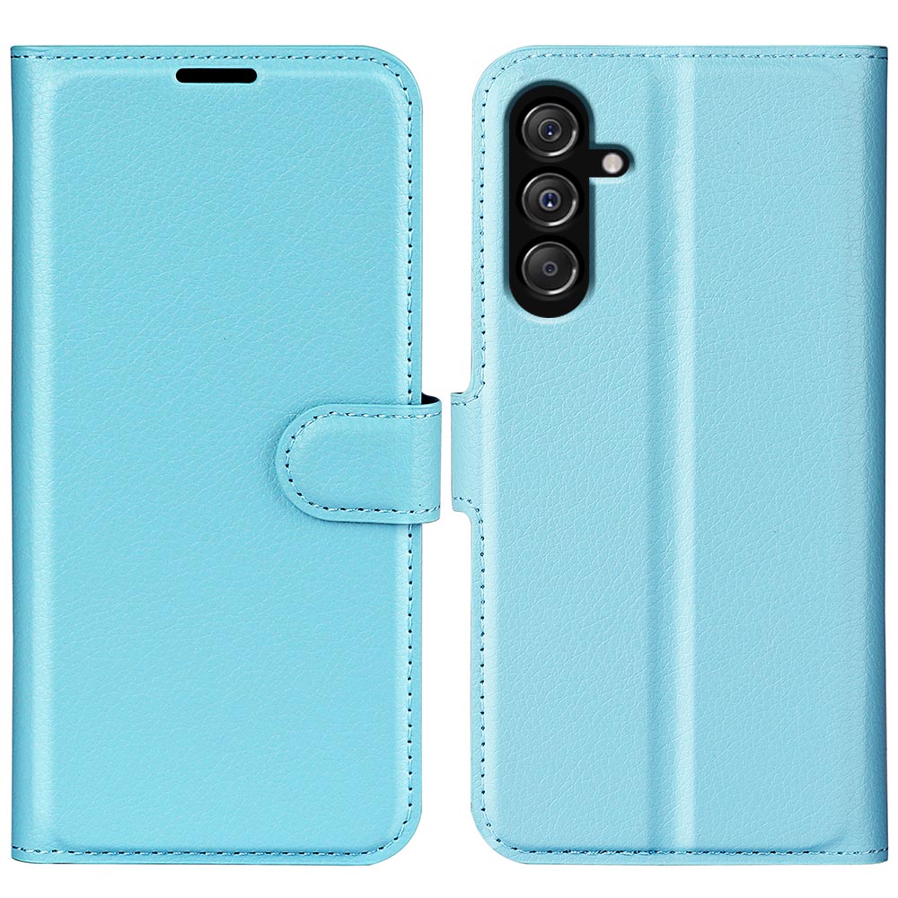 For Samsung Galaxy F34 5G / M34 5G Phone Case Anti-Scratch Stand PU Leather Wallet Litchi Texture Protective Cover - Blue