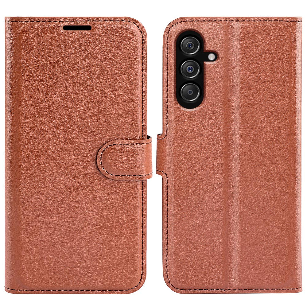 For Samsung Galaxy F34 5G / M34 5G Phone Case Anti-Scratch Stand PU Leather Wallet Litchi Texture Protective Cover - Brown