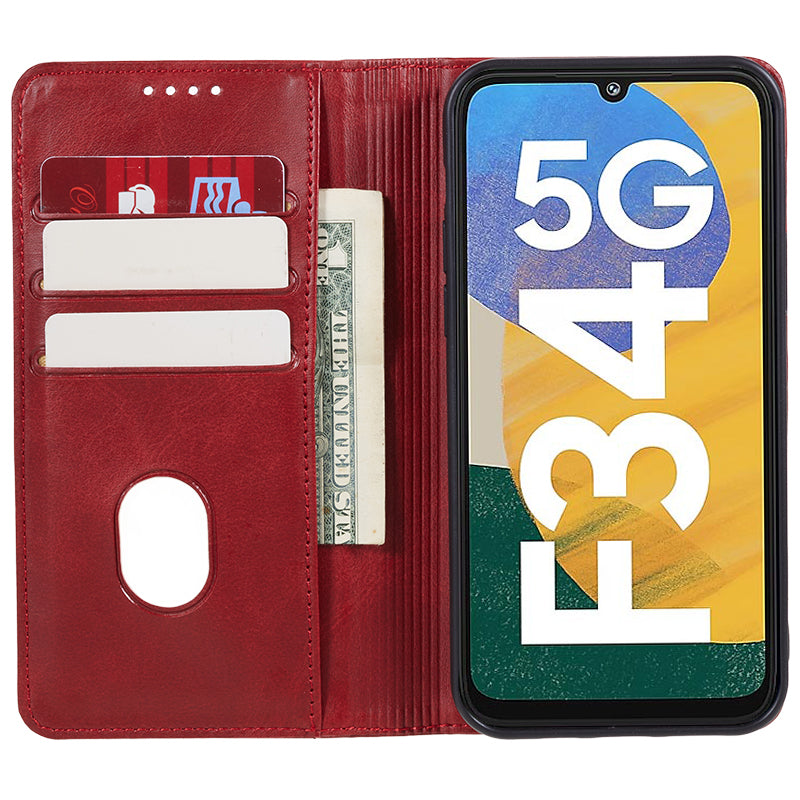 PU Leather Phone Case for Samsung Galaxy F34 5G / M34 5G Calf Texture Magnetic Closing Stand Wallet Cover - Red