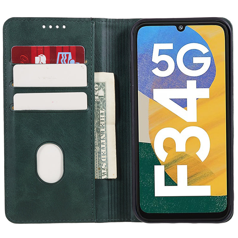 PU Leather Phone Case for Samsung Galaxy F34 5G / M34 5G Calf Texture Magnetic Closing Stand Wallet Cover - Green