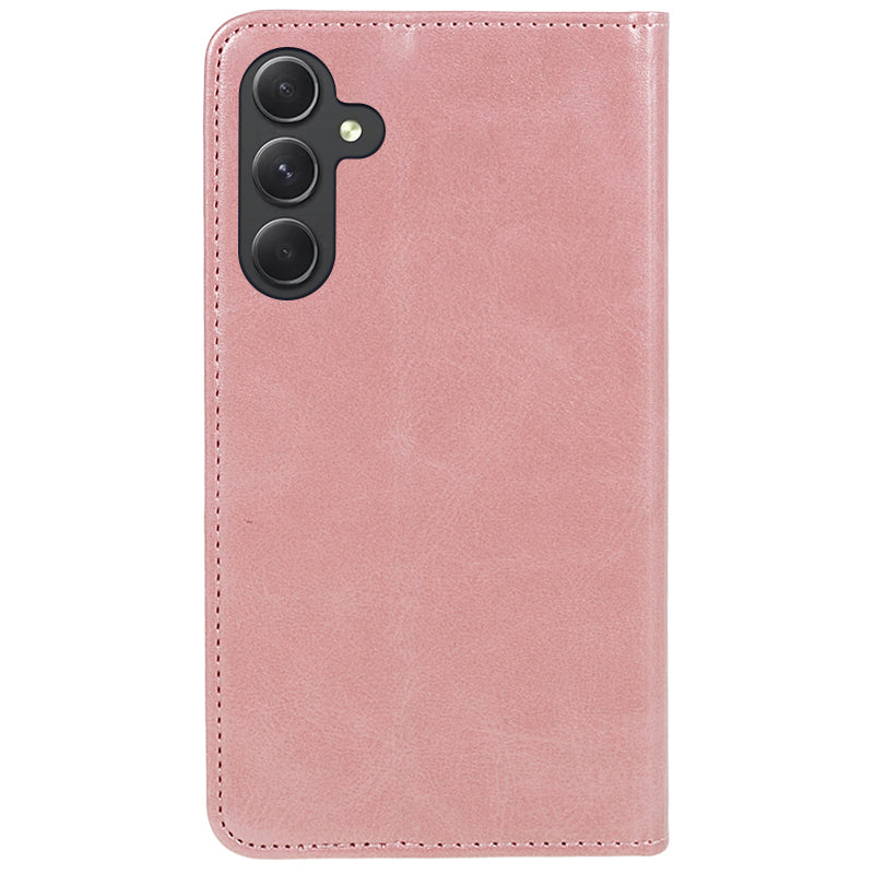 PU Leather Phone Case for Samsung Galaxy F34 5G / M34 5G Calf Texture Magnetic Closing Stand Wallet Cover - Rose Gold