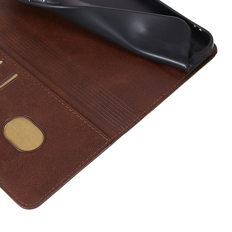 PU Leather Phone Case for Samsung Galaxy F34 5G / M34 5G Calf Texture Magnetic Closing Stand Wallet Cover - Brown