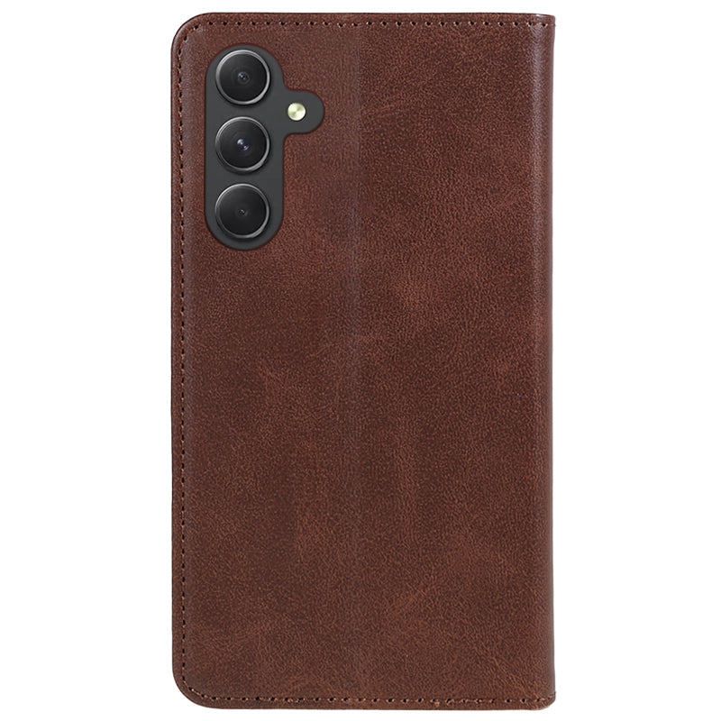 PU Leather Phone Case for Samsung Galaxy F34 5G / M34 5G Calf Texture Magnetic Closing Stand Wallet Cover - Brown