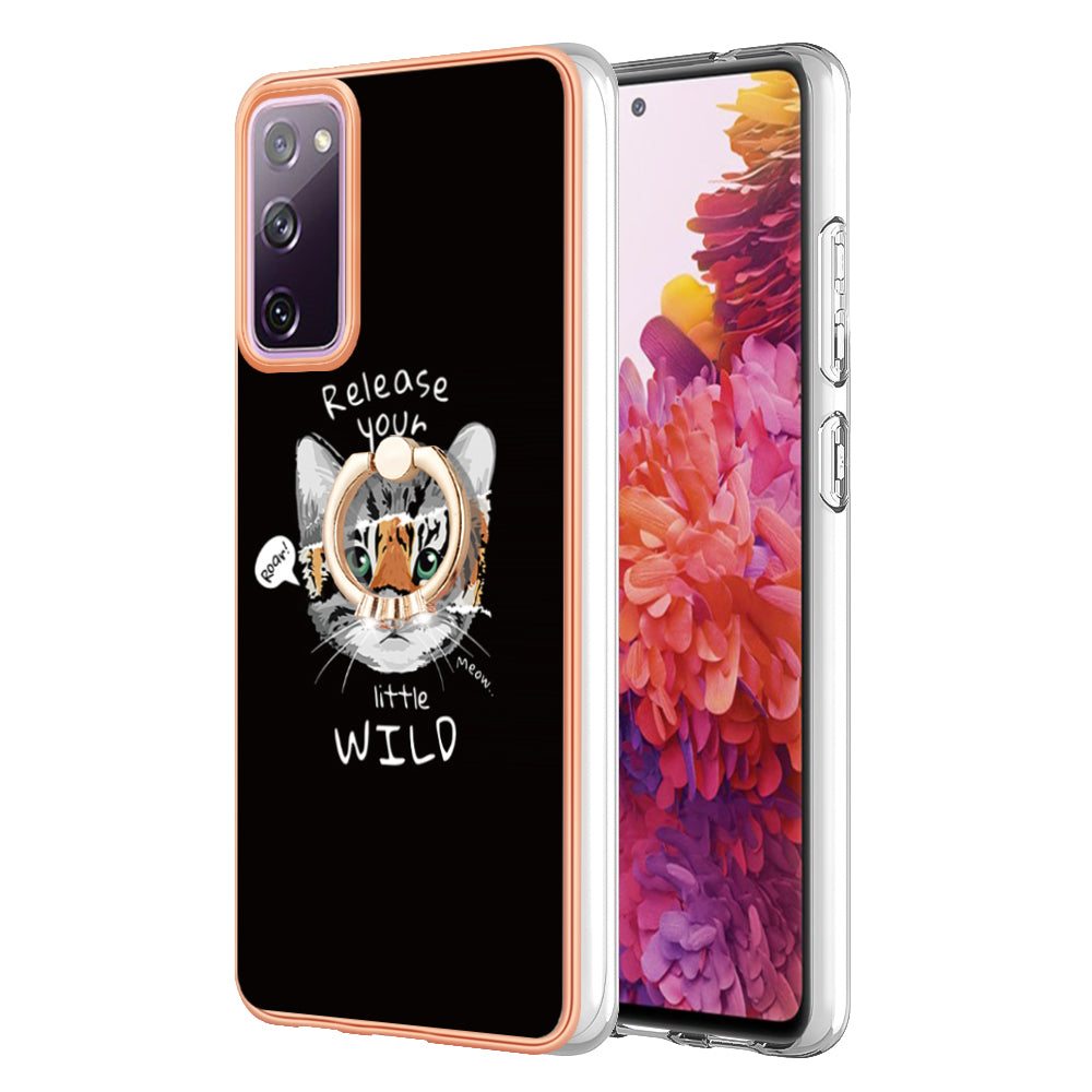 YB IMD Series-20 Style D 2.0mm TPU Soft Shell for Samsung Galaxy S20 FE 4G / FE 5G / S20 Lite / S20 FE 2022 , IMD Kickstand Electroplated Phone Cover - Cat / Tiger