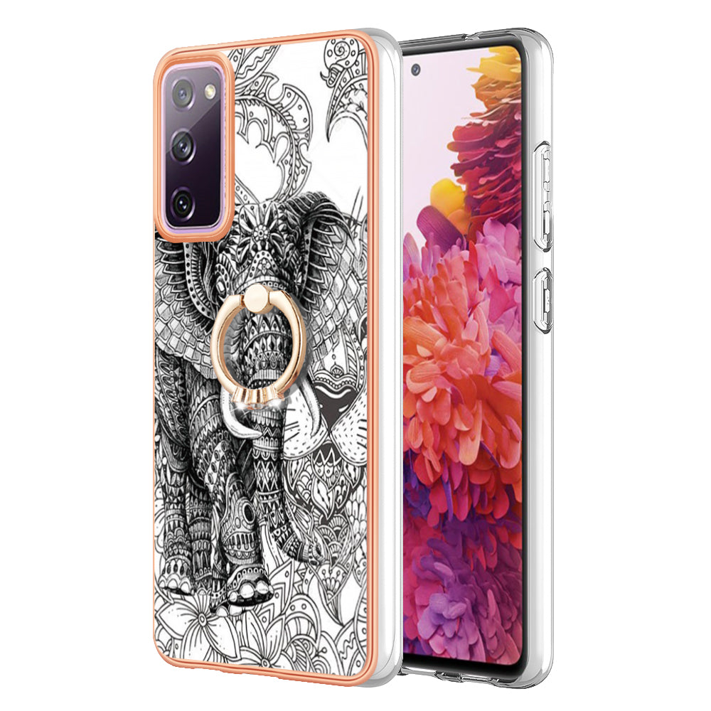 YB IMD Series-20 Style D 2.0mm TPU Soft Shell for Samsung Galaxy S20 FE 4G / FE 5G / S20 Lite / S20 FE 2022 , IMD Kickstand Electroplated Phone Cover - Totem Elephant