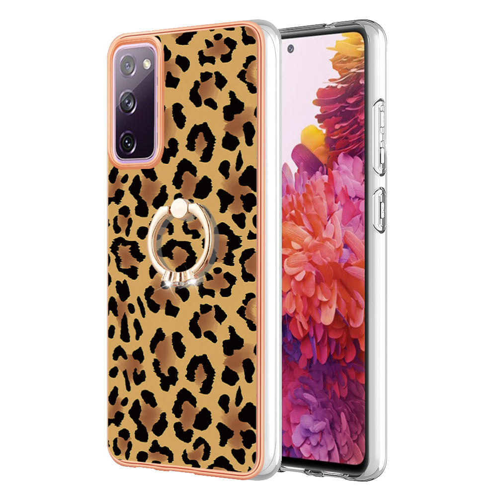 YB IMD Series-20 Style D 2.0mm TPU Soft Shell for Samsung Galaxy S20 FE 4G / FE 5G / S20 Lite / S20 FE 2022 , IMD Kickstand Electroplated Phone Cover - Leopard