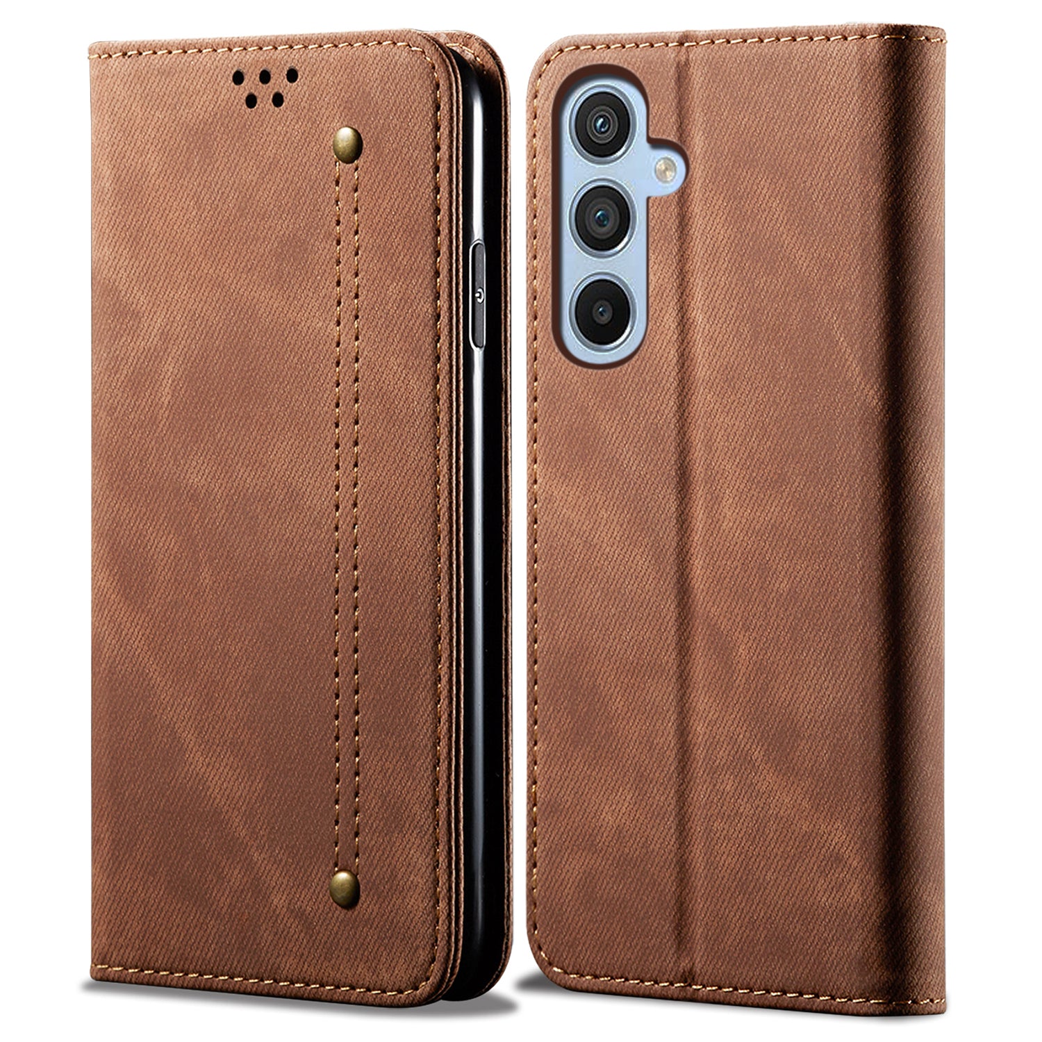 For Samsung Galaxy M34 5G / F34 5G Jeans Cloth Texture Phone Stand Cover Wallet Phone Case PU Leather Shell - Coffee