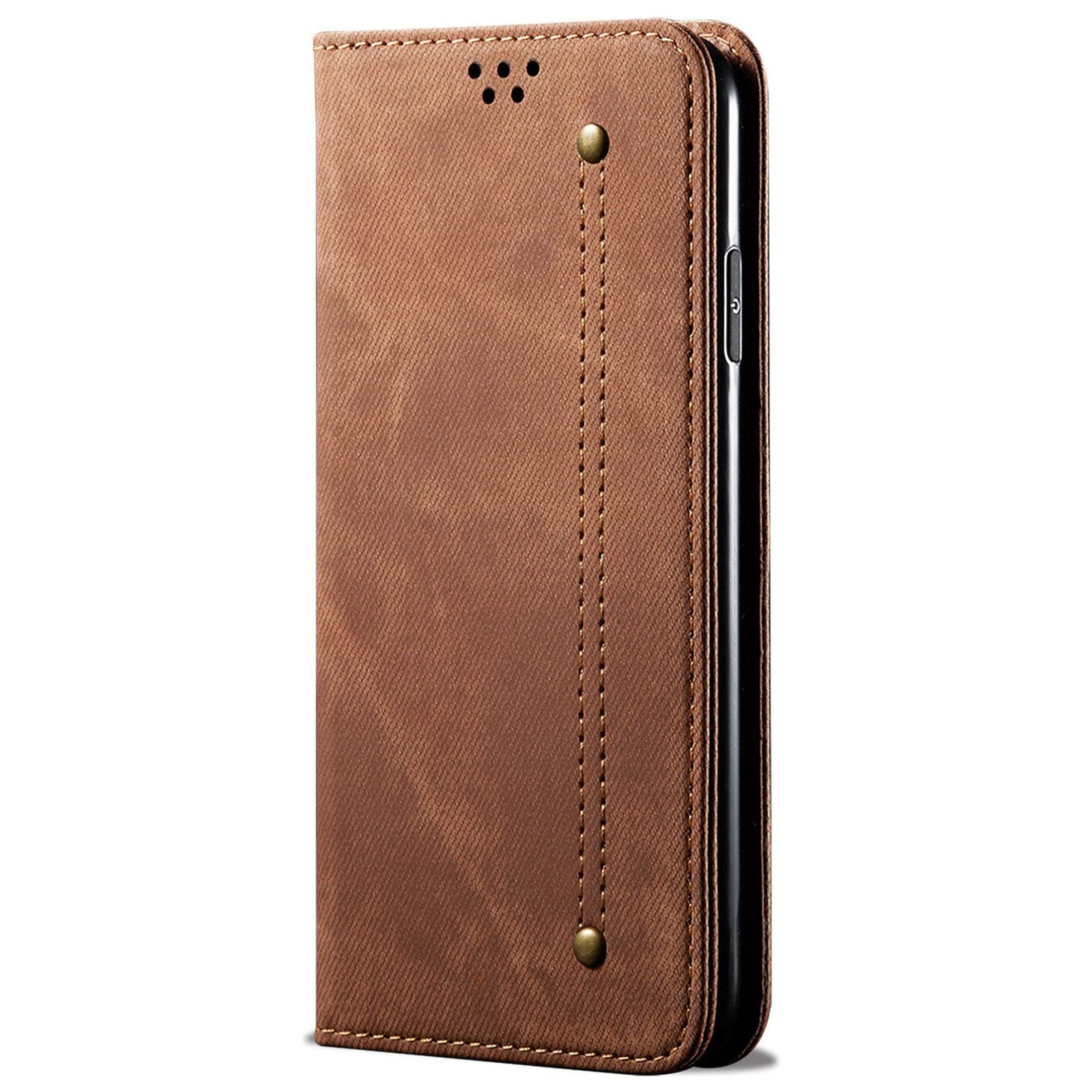 For Samsung Galaxy M34 5G / F34 5G Jeans Cloth Texture Phone Stand Cover Wallet Phone Case PU Leather Shell - Coffee