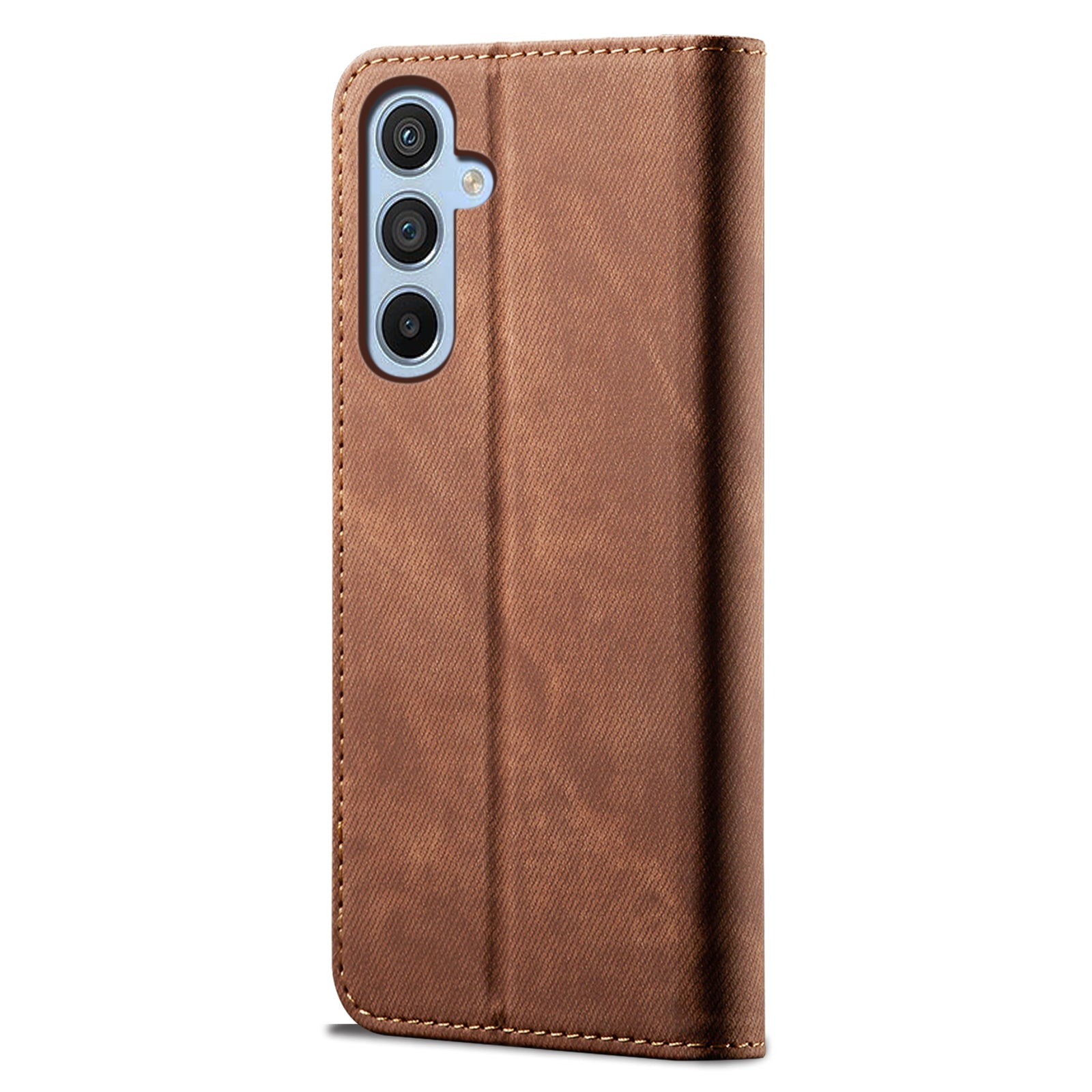 For Samsung Galaxy M34 5G / F34 5G Jeans Cloth Texture Phone Stand Cover Wallet Phone Case PU Leather Shell - Coffee