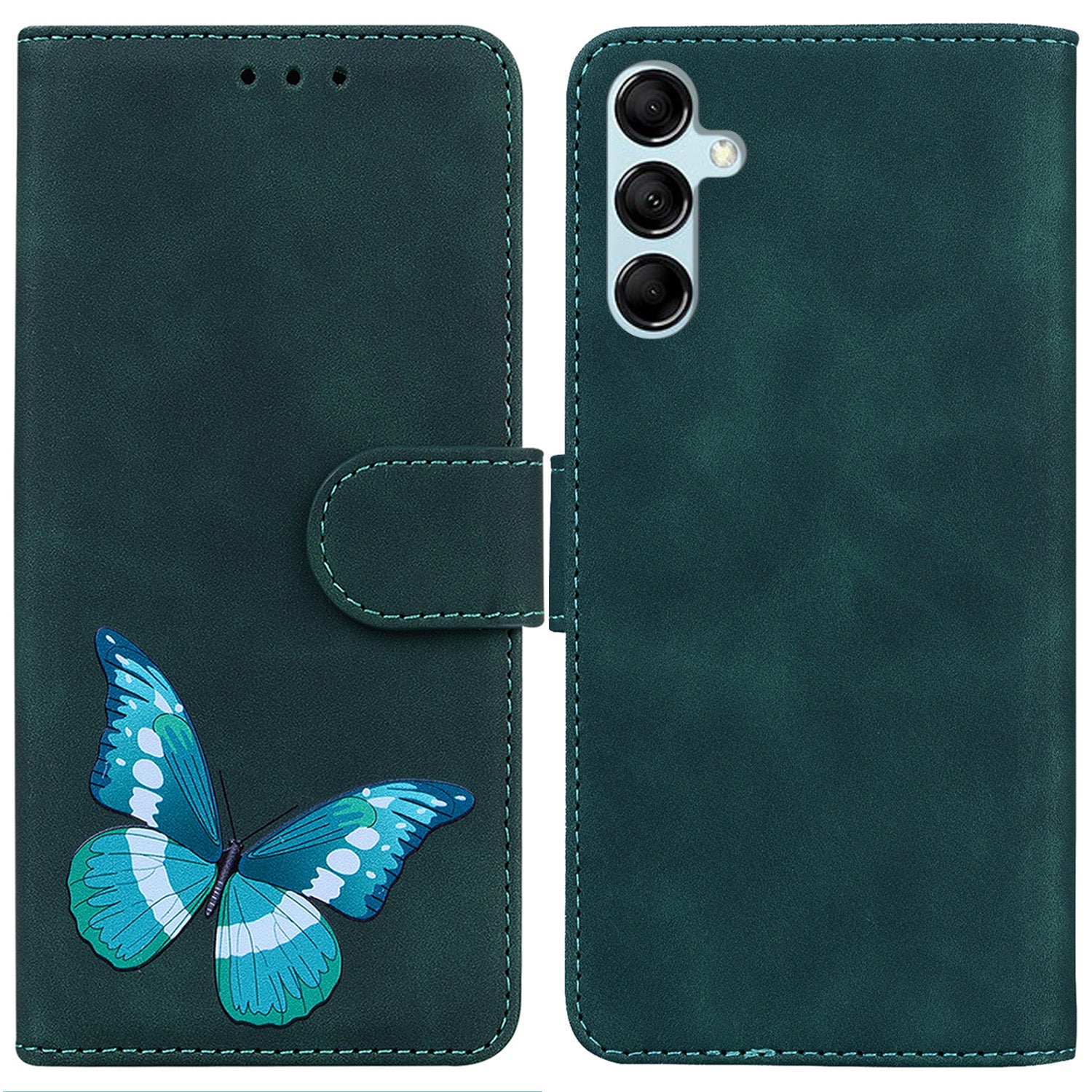 Stand Shell for Samsung Galaxy M34 5G / F34 5G , Flip Cover Butterfly Printing Phone Wallet PU Leather Case - Green