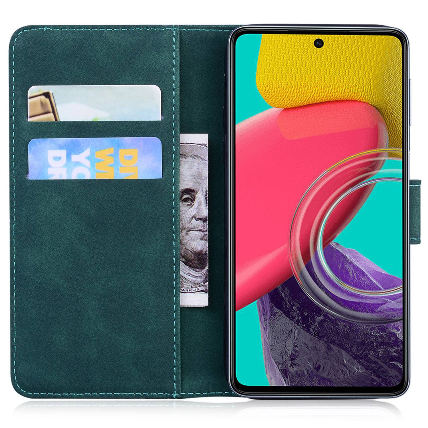 Stand Shell for Samsung Galaxy M34 5G / F34 5G , Flip Cover Butterfly Printing Phone Wallet PU Leather Case - Green