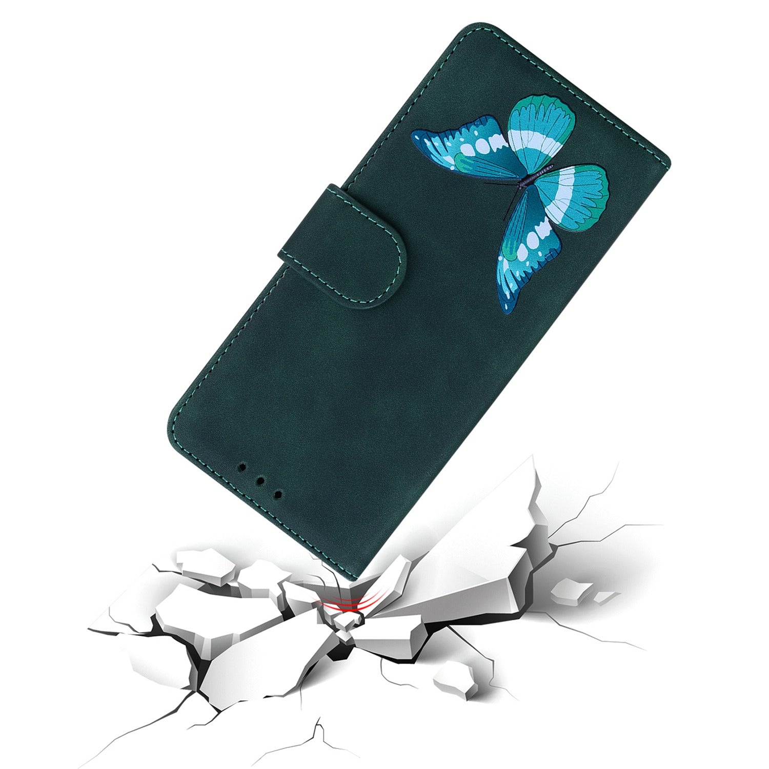 Stand Shell for Samsung Galaxy M34 5G / F34 5G , Flip Cover Butterfly Printing Phone Wallet PU Leather Case - Green