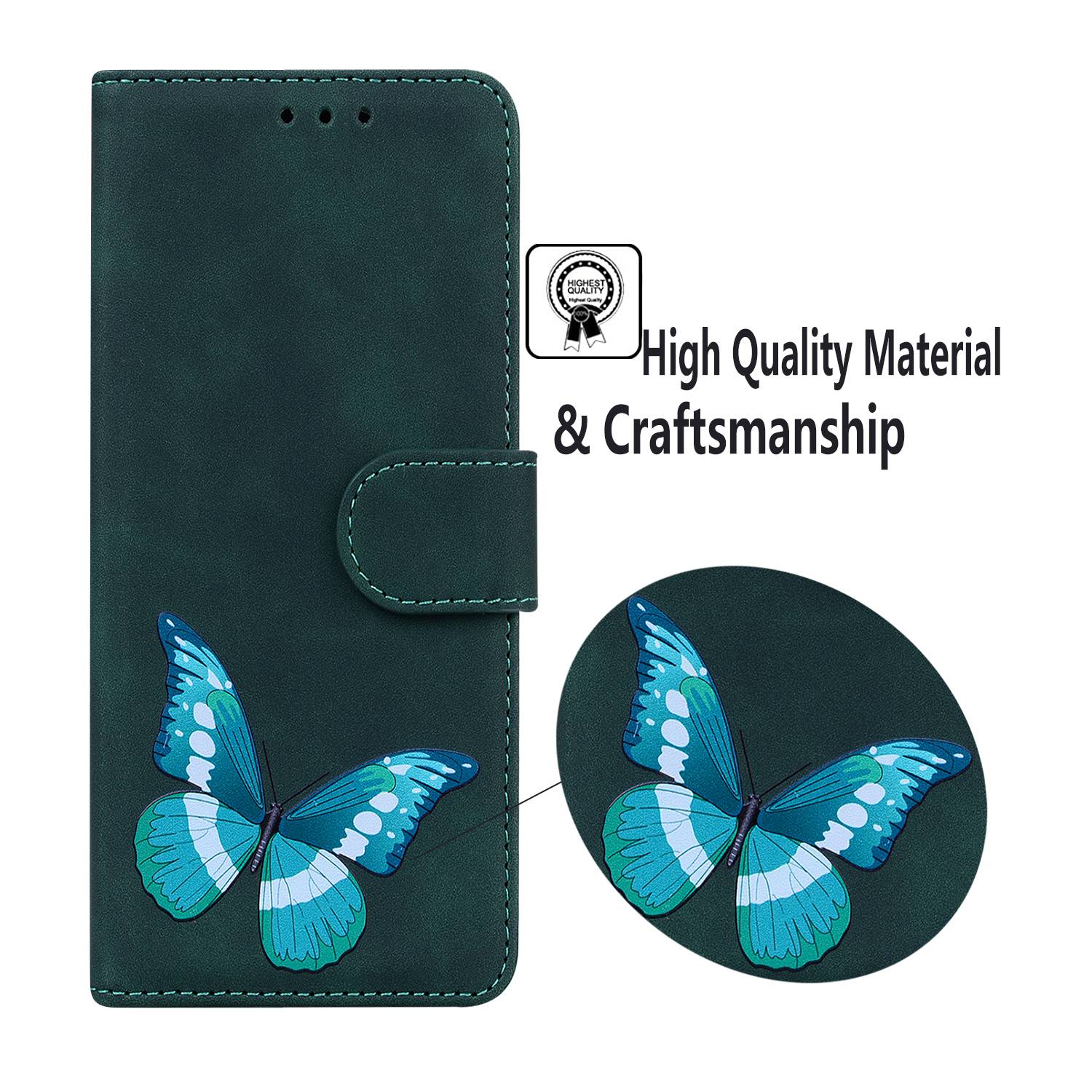 Stand Shell for Samsung Galaxy M34 5G / F34 5G , Flip Cover Butterfly Printing Phone Wallet PU Leather Case - Green