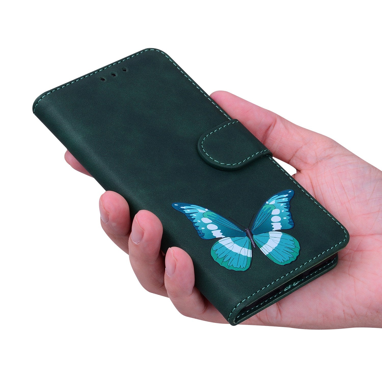 Stand Shell for Samsung Galaxy M34 5G / F34 5G , Flip Cover Butterfly Printing Phone Wallet PU Leather Case - Green