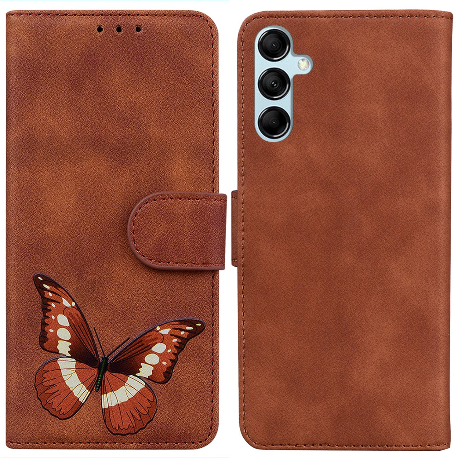 Stand Shell for Samsung Galaxy M34 5G / F34 5G , Flip Cover Butterfly Printing Phone Wallet PU Leather Case - Brown