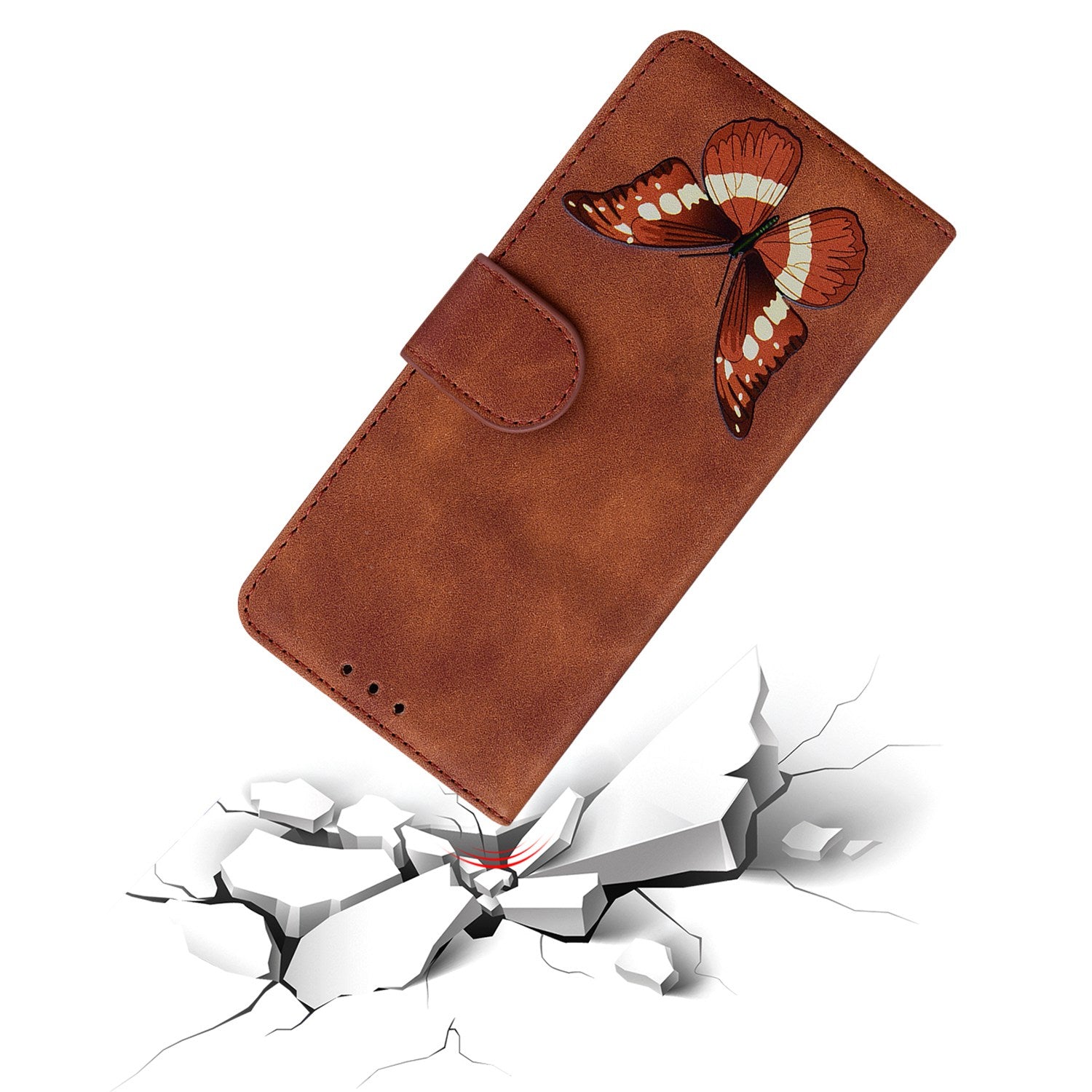 Stand Shell for Samsung Galaxy M34 5G / F34 5G , Flip Cover Butterfly Printing Phone Wallet PU Leather Case - Brown