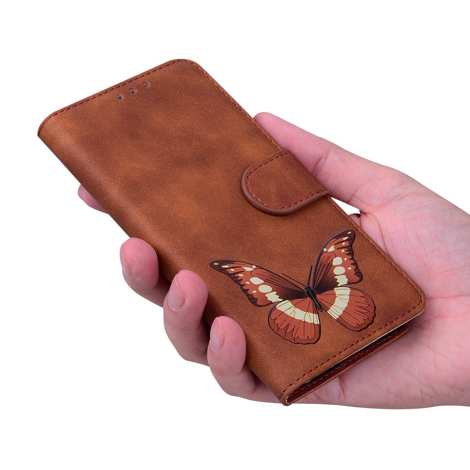 Stand Shell for Samsung Galaxy M34 5G / F34 5G , Flip Cover Butterfly Printing Phone Wallet PU Leather Case - Brown