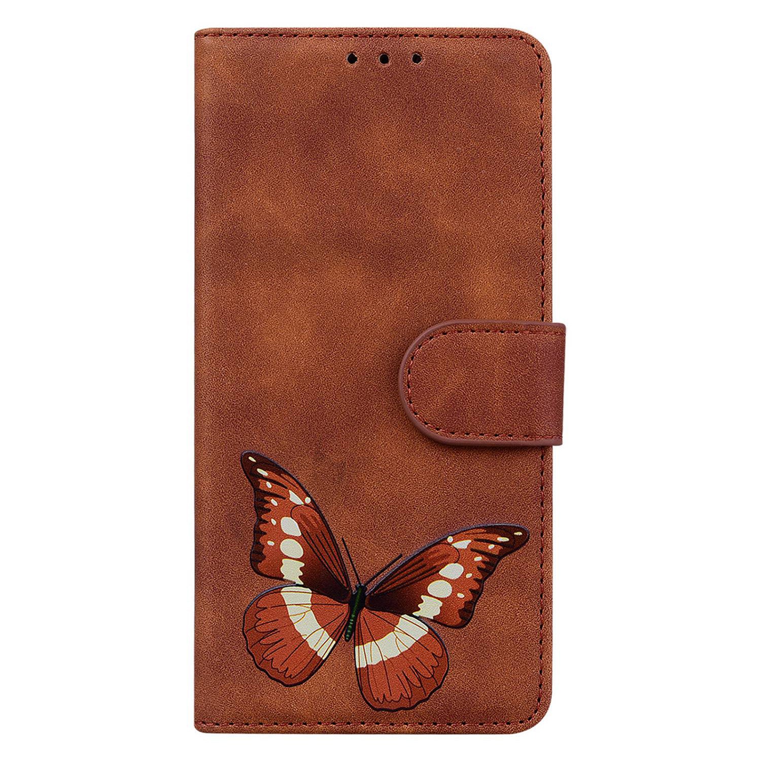 Stand Shell for Samsung Galaxy M34 5G / F34 5G , Flip Cover Butterfly Printing Phone Wallet PU Leather Case - Brown