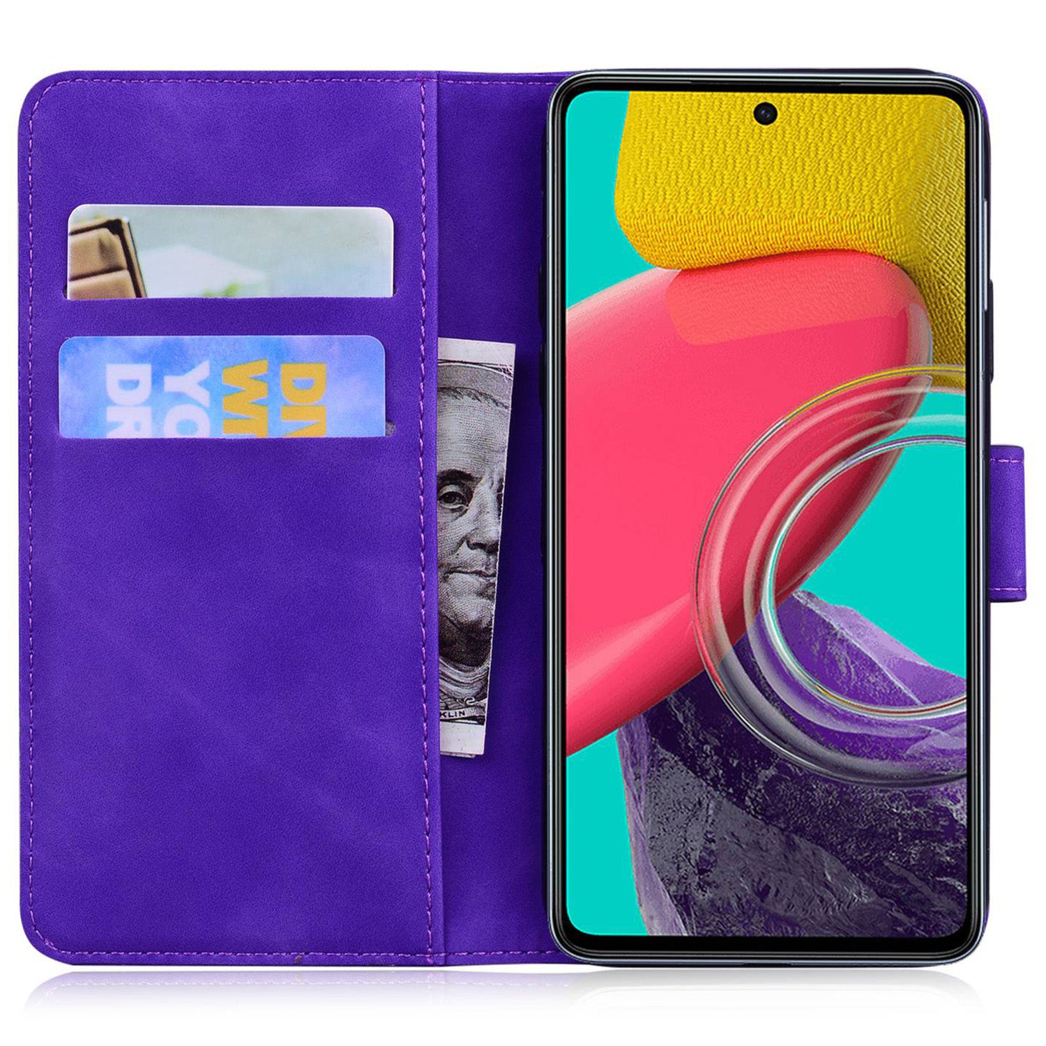 Stand Shell for Samsung Galaxy M34 5G / F34 5G , Flip Cover Butterfly Printing Phone Wallet PU Leather Case - Purple