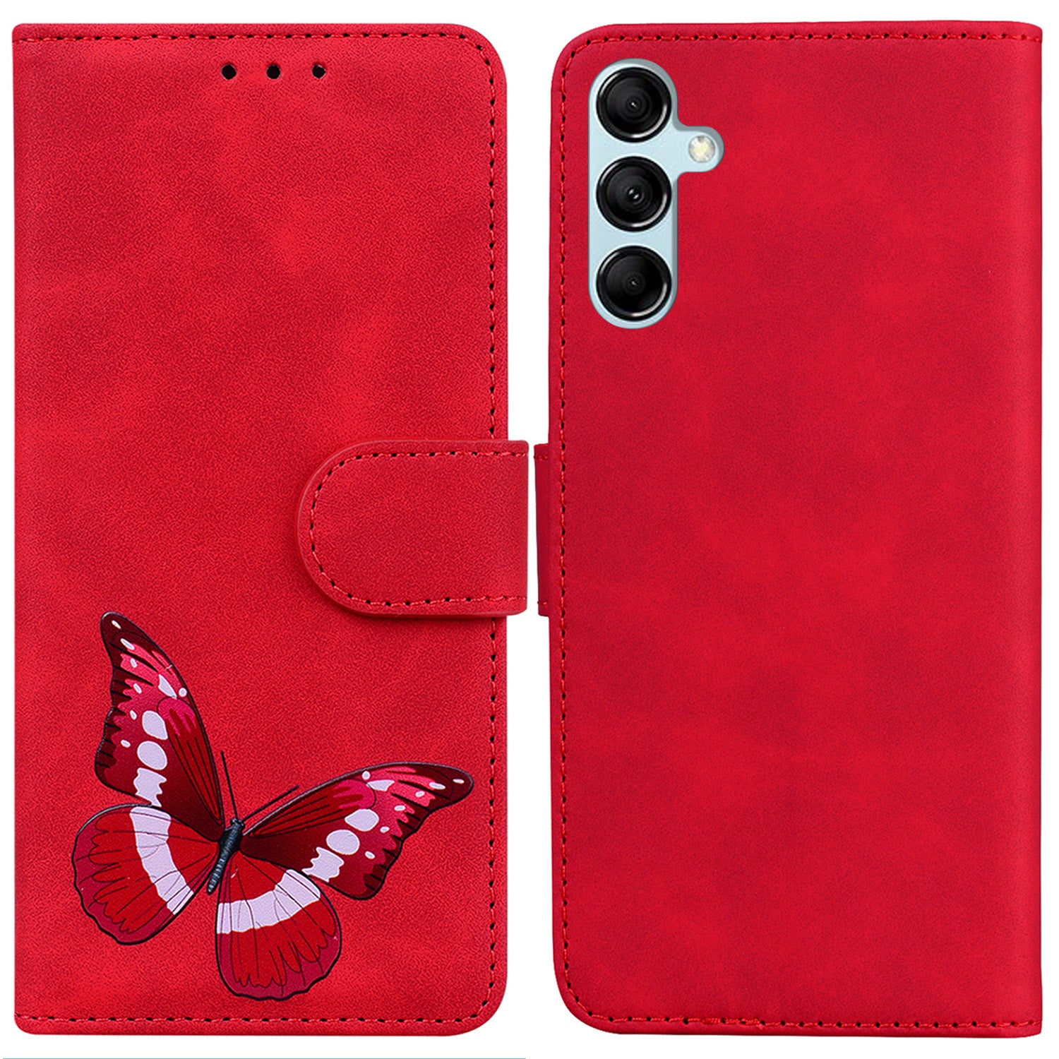 Stand Shell for Samsung Galaxy M34 5G / F34 5G , Flip Cover Butterfly Printing Phone Wallet PU Leather Case - Red