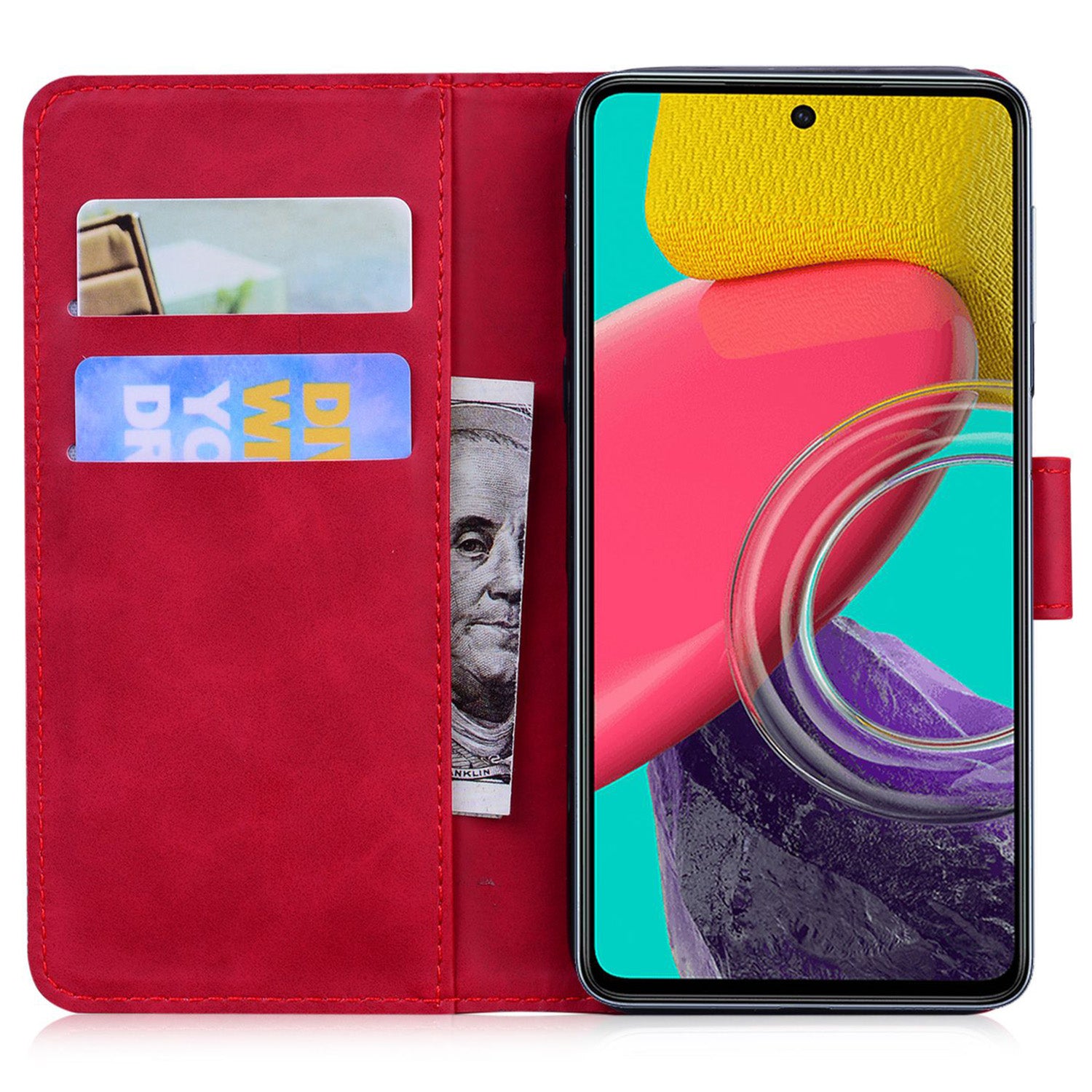 Stand Shell for Samsung Galaxy M34 5G / F34 5G , Flip Cover Butterfly Printing Phone Wallet PU Leather Case - Red