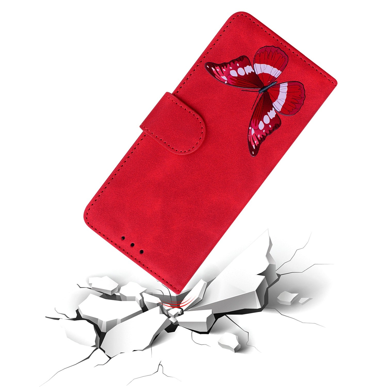 Stand Shell for Samsung Galaxy M34 5G / F34 5G , Flip Cover Butterfly Printing Phone Wallet PU Leather Case - Red