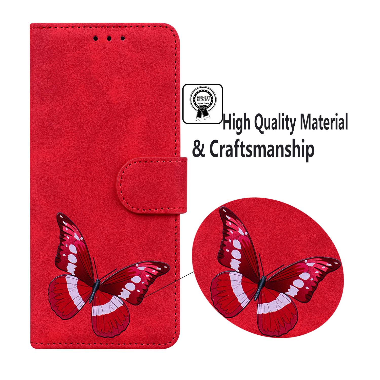 Stand Shell for Samsung Galaxy M34 5G / F34 5G , Flip Cover Butterfly Printing Phone Wallet PU Leather Case - Red