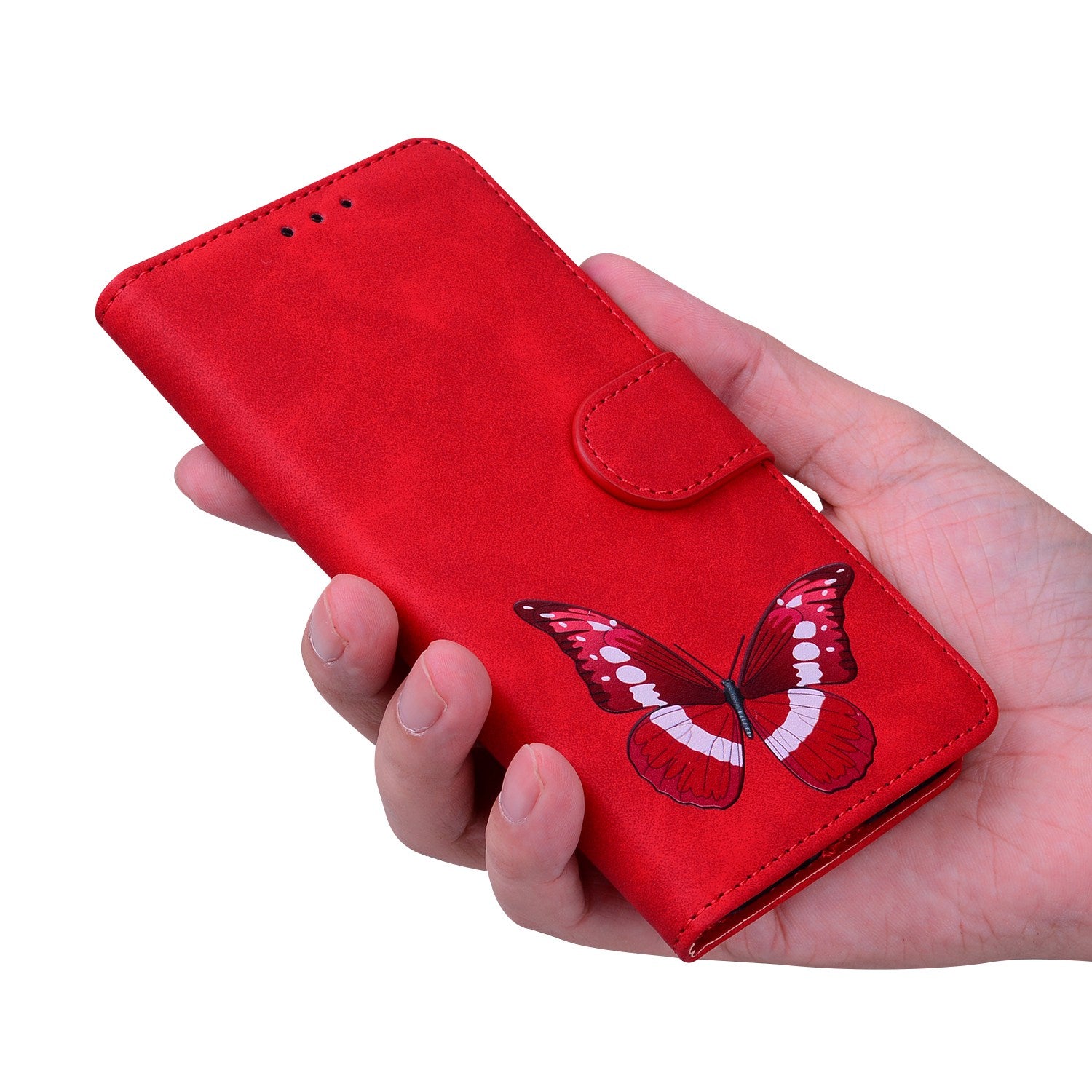 Stand Shell for Samsung Galaxy M34 5G / F34 5G , Flip Cover Butterfly Printing Phone Wallet PU Leather Case - Red