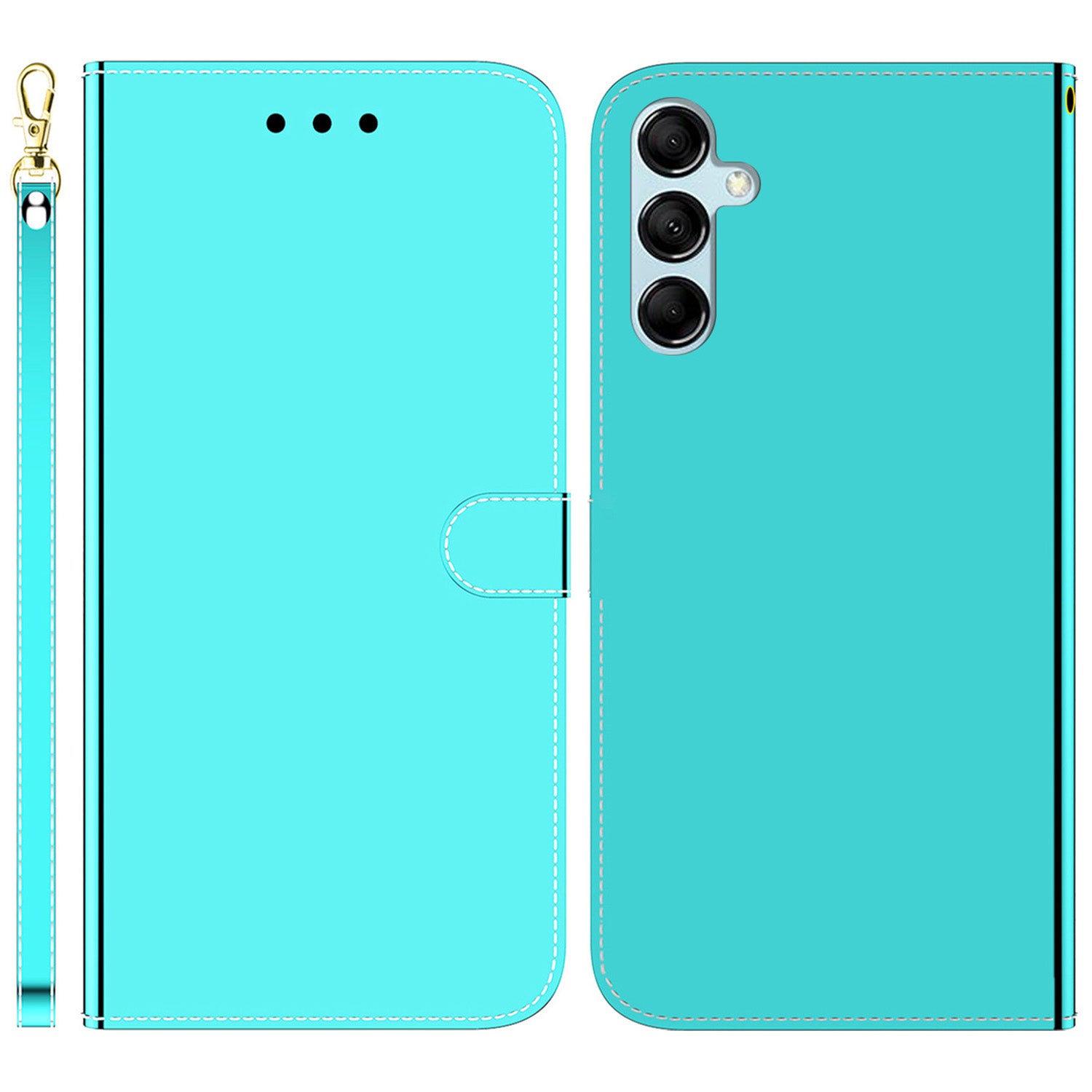 Leather Wallet Cover for Samsung Galaxy M34 5G / F34 5G , Mirror-Like Surface Horizontal Stand Phone Case - Cyan